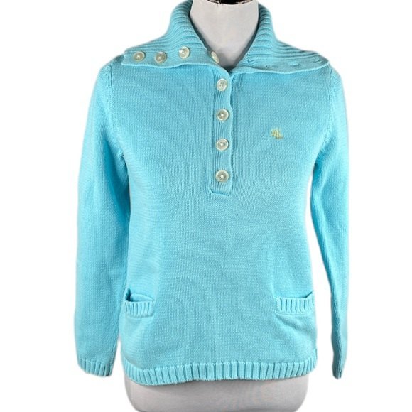 Lauren Ralph Lauren Pullover 1/4 Button Up Sweater Blue Medium - Picture 8 of 8